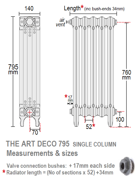 Deco 795 Single Column Cast Iron Radiator, 4 Sections, 795 x 208mm